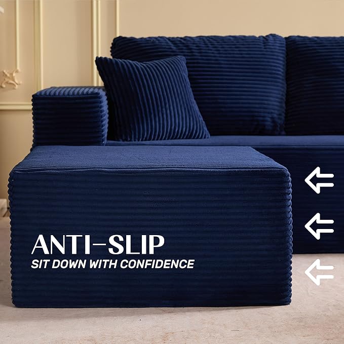 Afuson 107" Boneless Couch with Deep Seat, Modular Sectional Sofa, Cloud Sectional Couch for Living Room, No Assembly Required, Corduroy, U-Shape 3 Seater Right, Blue
