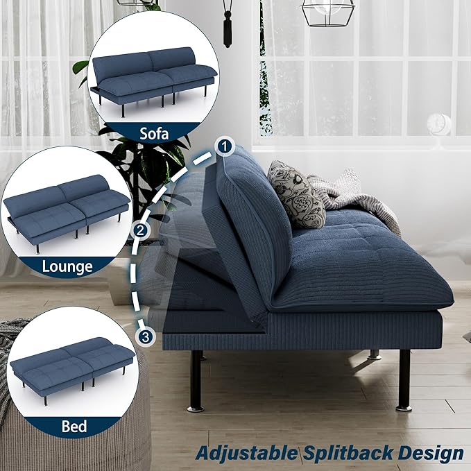 70" Futon Sofa Bed, 4 in 1 Multi-Function Couch Sleeper with Adjustable Backrest, Modern Convertible Futon, Recliner Small Loveseat for Living Room, Dorm, Blue