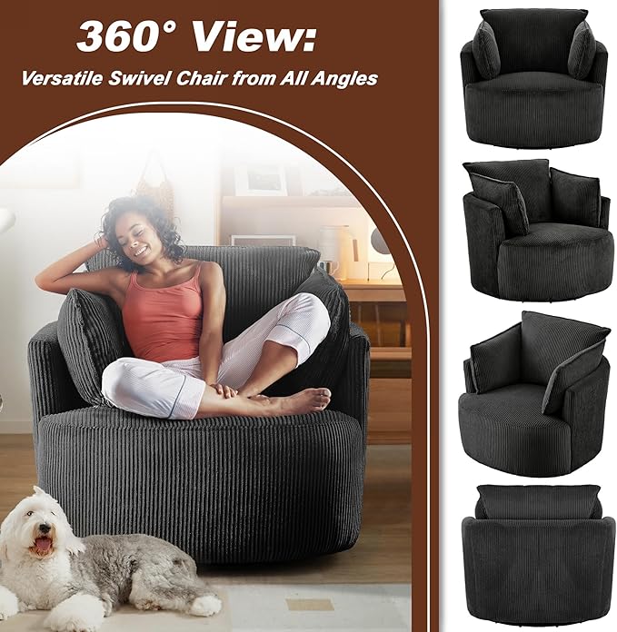 Chorlenimi Swivel Accent Chair Round Barrel Armchair Upholstered Living Room Chair Corduroy Reading Chair Single Sofa Chair for Bedroom Apartment Office (Black, Standard 1Seater)