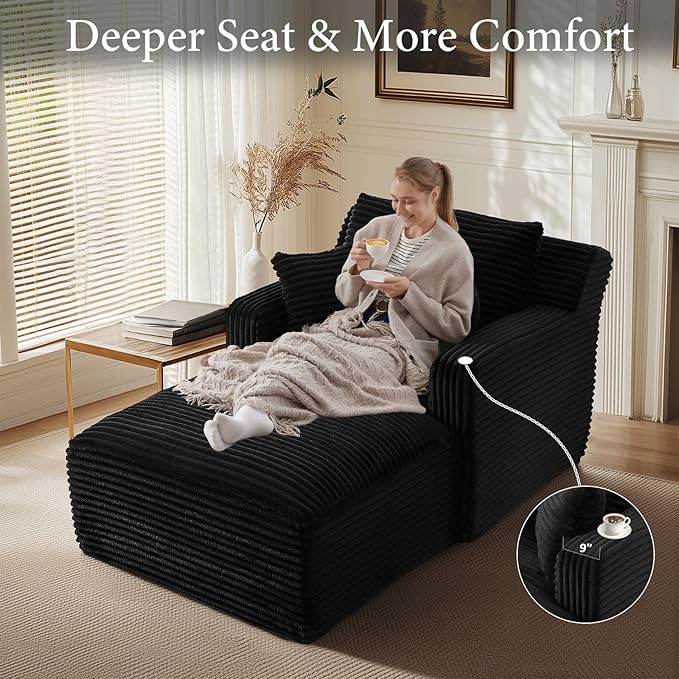 VEPXXP 65.4" Chaise Lounge Chair Indoor, Oversized Boneless Chaise Lounge Comfy Sleeper Sofa Bed with 3 Pillows, Corduroy Cloud Reading Chair for Living Room No Assembly Required