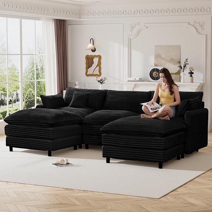 HYJT-H&K 108" U Shaped Cloud Couch Modular Black Sectional Couches for Living Room, Comfy Fluffy Corduroy Oversized Cloud Sectional Couch Large 5 Seat Sectionals Sofa Set, Black