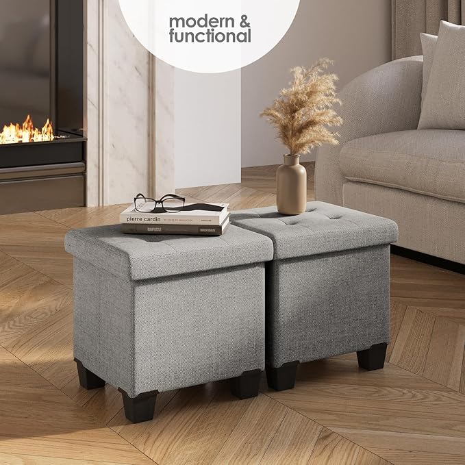 Storage Ottoman Cube with Small Bin, 16-in Square Ottoman with Storage for Living Room and Bedroom, Small Ottomans Foot Rest, Fabric Foot Stools Ottomans Max 330lbs, Light Grey