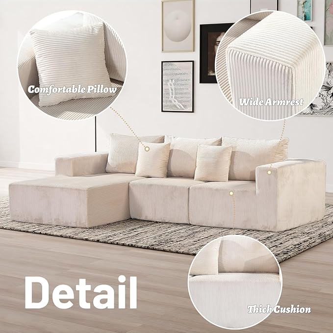 Modular Sectional Sofa,Oversized Cloud Sectional Couch with Deep Seat Modern Boneless L-Shape Lounge Sofa No Assembly Required with Pillows for Living Room Bedroom(Beige)