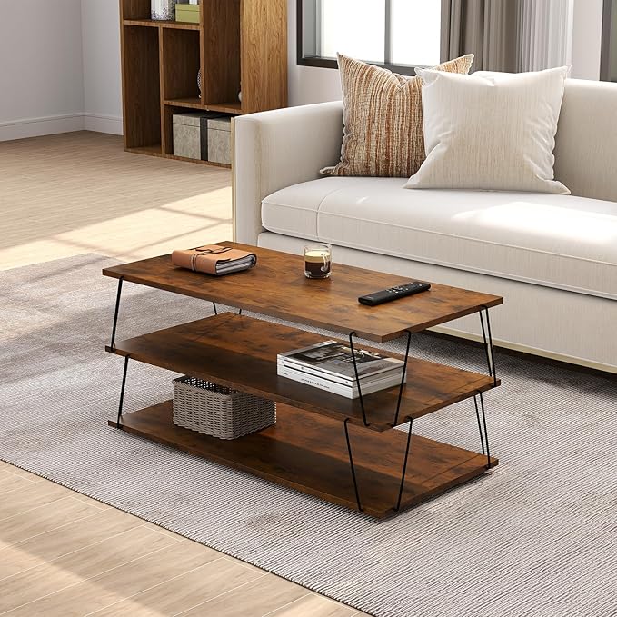 KJGKK Coffee Table, 40" Center Table with Storage Shelf, Rectangle Coffee Table, for Living Room, Toolless, Easy Assembly, Simple Style, Rustic Brown (Classic)