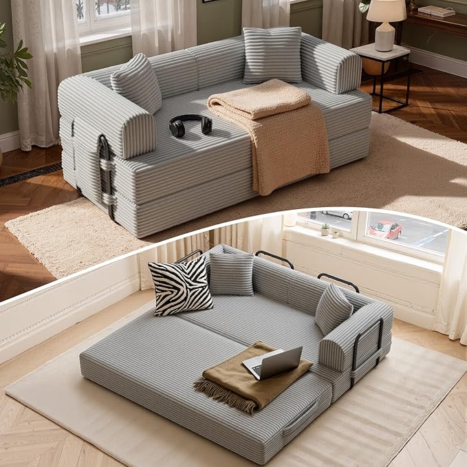 Convertible Coarser Corduroy Sleeper Sofa Bed with Cylindrical Pillow, Folding Mattress Couch with Fixed-Shape Frame, Floor Sofa Lounge Couch for Living Room Bedroom Lounge Studio, Grey