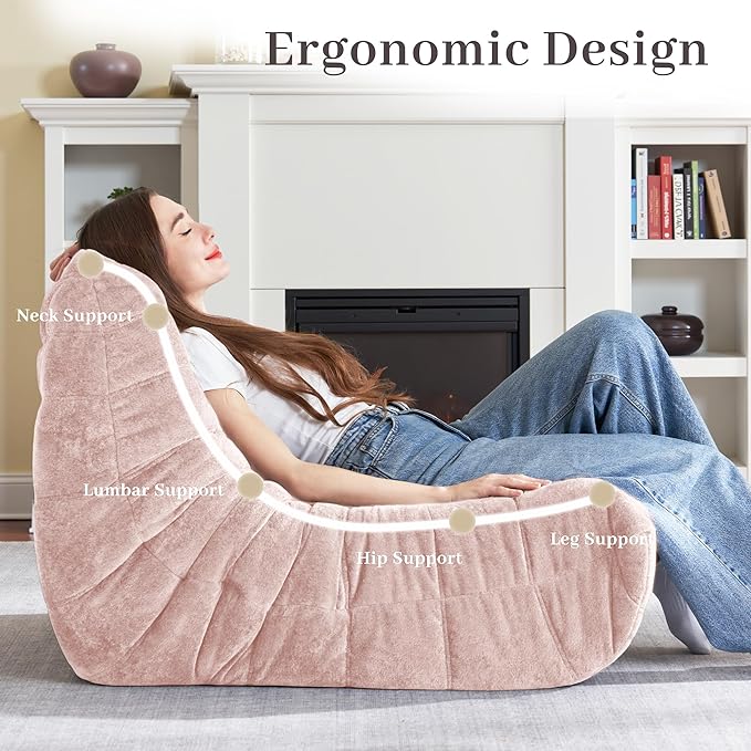 HABUTWAY Bean Bag Chair, Giant Bean Bag Chairs for Adults, Loveseat Fireside Chair, 2 Seater Lazy Bean Bag Sofa Memory Foam Couch for Living Room, Bedroom, Office (Pink)