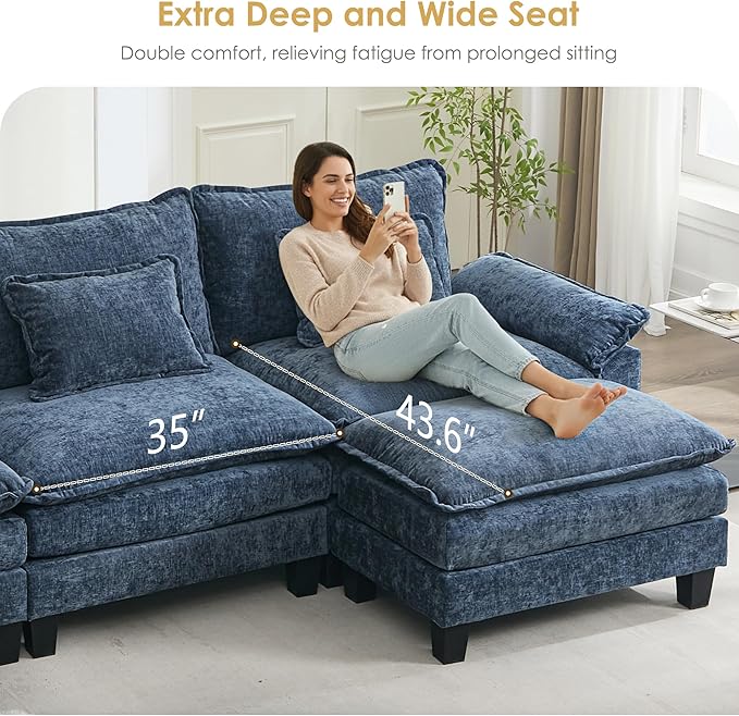 URRED Cloud Couch Modular Sectional Sofa, 122'' Modern L Shaped Deep Seat Sofa with Ottoman & Pillows, Ultra Comfy Chenille Couches for Living Room, Bedroom or Apartment, Blue