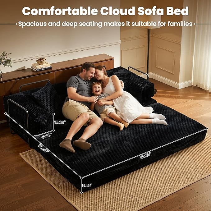 ovios 81" Folding Sofa Bed, Foldable Sleeper Boneless Couch with Pull Out Beds, Modular Convertible Floor Futon Loveseat Lounger for Living Room (Corduroy, Black)