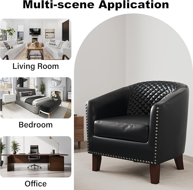 DREAMSIDEA Accent Barrel Chair, Upholstered Faux Leather Club Chair with Nailed Trim, Comfy Reading Armchair for Living Room Bedroom Reception Room Office (Black, Set of 4)