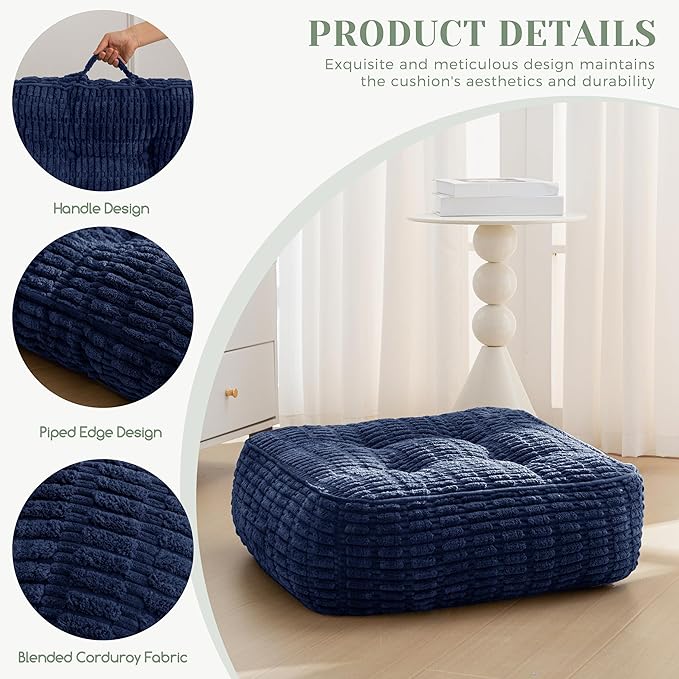 8" Washable Floor Pillow Cushion for Adults, Meditation Cushion Pillow, Removable Tufted Blended Corduroy Cover, Large Square Floor Sitting for Tatami Living Room or Yoga, 22x22 Inch, Machine Washable