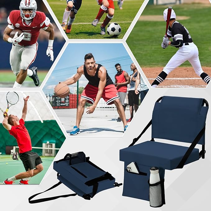 2pcs Stadium Seat for Bleachers with Back Support，Portable Bleacher Chairs with Back and Cushion，Includes Shoulder Strap and Cup Holder