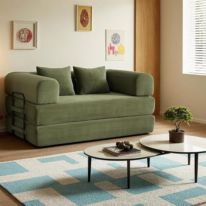59 Inch 5-in-1 Convertible Sofa Bed, Corduroy Boneless Floor Couch with Fixed Frame & Pillow, Modular Folding Mattress Lounger for Small Space, Living Room, Bedroom - Easy Assembly(LIGHT GREEN)