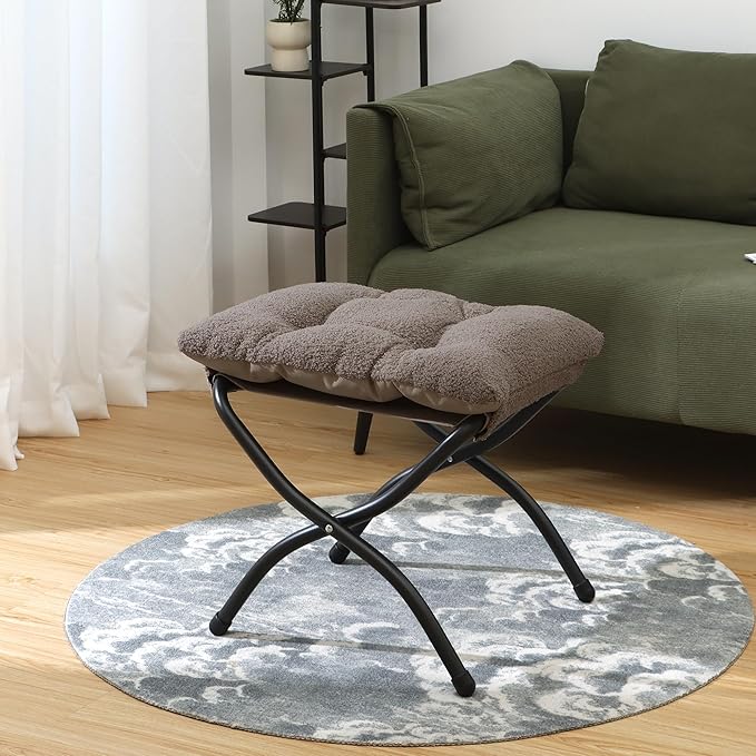 Mordchil HF 15"(H) Folding Ottoman, Foldable Footrest Stool, Portable Small Foot Stool for Couch, Collapsible Foot Rest Ottoman for Sofa, Padded Ottomans for Home, Living Room, Bedroom, Light Brown