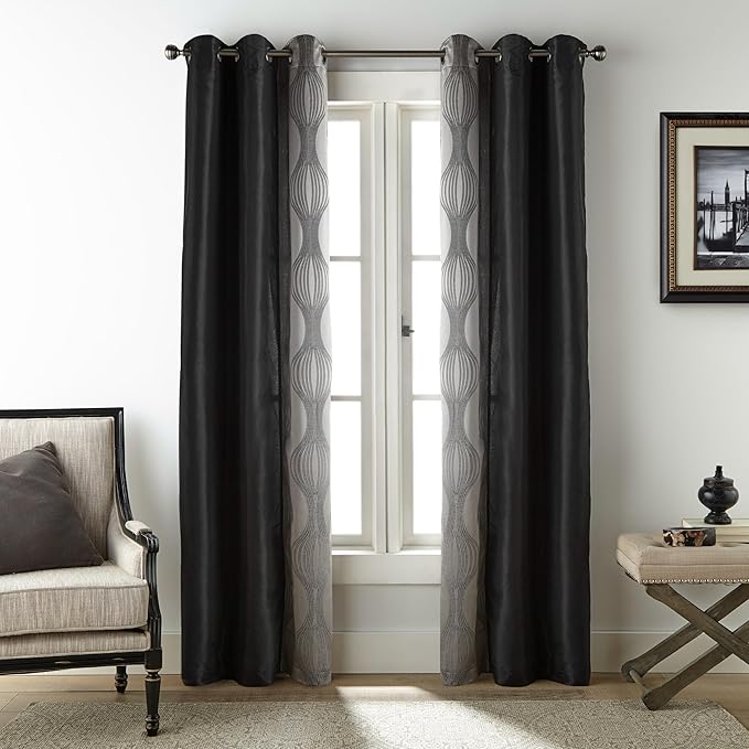 Grand Avenue Elegant Black and Silver Comforter Set King Size, Striped,15 Piece Room-in-A-Bag, Jacquard Bedding Set, All Season, Matching Decorative Pillows, Pillow Sham, Curtains