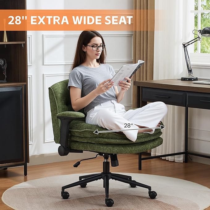 Criss Cross Chair with Flip-up Arms, Wide Criss Legged Chair with 3 Layer Cushion, Ergonomic Office Desk Chair with Wheels, Swivel Vanity Chair for Office, Living Room, Bedroom, Chenille Green