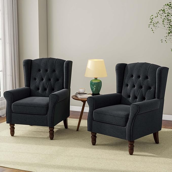 DREAMSIDEA Accent Chair, Upholstered Armchair with Button Tufted High Back & Solid Wood Legs, Comfy Wingback Reading Single Sofa Chair for Small Spaces, Living Room, Bedroom (Blue, Set of 2)