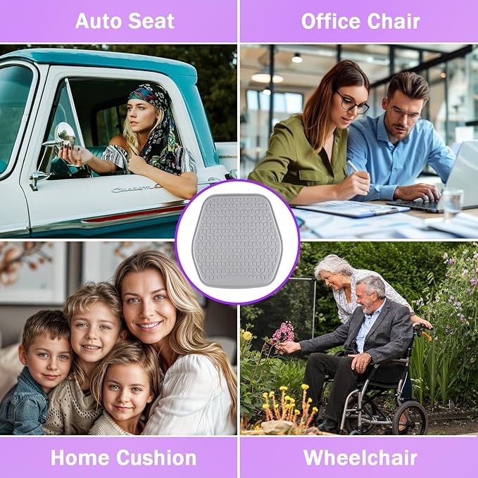 Binsheo Thin Gel Seat Cushion for Car Seat, Office Chair, Wheelchair, Golf Cart - Non-Slip Car Seat Cushions with 0.7 Inch Gel - Sciatica & Coccyx Pain Relief (Fabric, Grey)