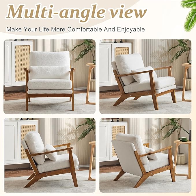 VINGLI Solid Wood Wide Armrests Accent Chair Set of 2,Upholstered Mid Century Modern Chair with Pillow,Farmhouse Arm Chair Comfy Reading Chair,Chairs Living Room,Bedroom,Guest Room,Teddy Fleece,White