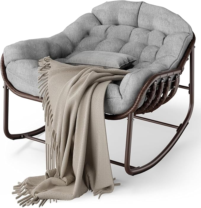 DEXSO Oversized Outdoor Papasan Rocking Chair - Metal Frame, Cushion & Wicker Rattan, for Balcony, Backyard, Porch, Bedroom (Grey)