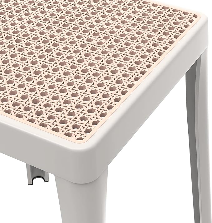 LeisureMod Tresse Mid-Century Modern Square Plastic Dining Stool Set of 2, Stackable Accent Stools with Breathable Seat, Lightweight Seating for Kitchen, Dining Room, Bedroom, or Entryway (White)