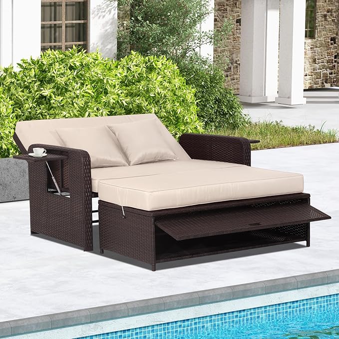RELAX4LIFE Wicker Patio Outdoor Daybed - Rattan Day Bed Lounger with Loveseat & Storage Ottoman, Sunbed Sofa Set w/Cushions, 4-Level Adjustable Backrest & 2 Retractable Trays, Patio Daybed (Beige)