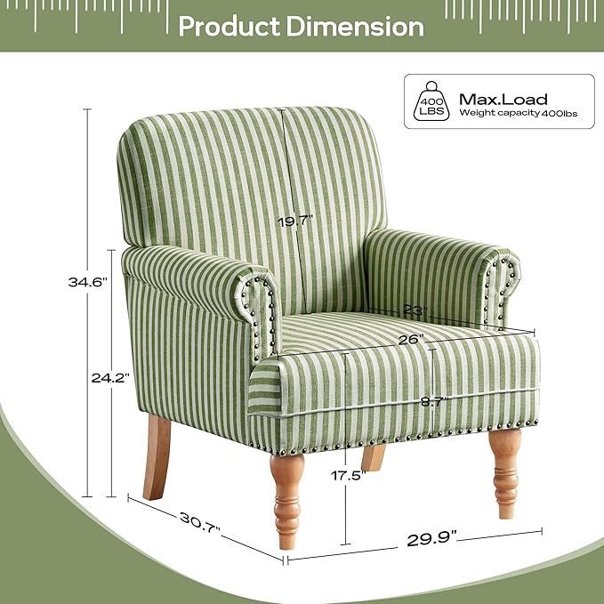 HUIMO Linen Fabric Accent Chair, Mid-Century Modern Armchair with Solid Wood Legs, Single Sofa Chair,Upholstered Reading Club Chair (2, Green and White Stripe)