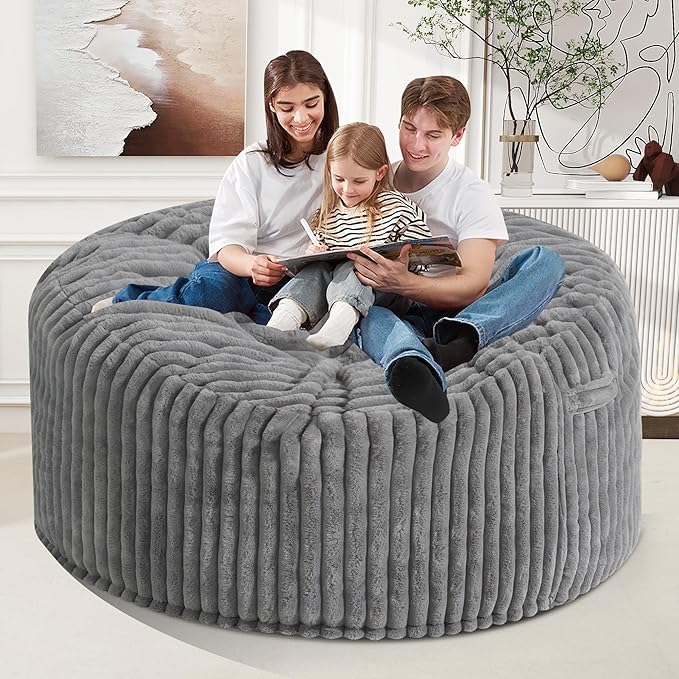 Homguava 5 FT Bean Bag Chair,5' Big Bean Bag,Giant Bean Bag Chairs for Adults with Memory Foam Filled,Comfy Large Beanbag Chairs Soft Bean Bag Sofa with Dutch Corded Plush Cover-Grey