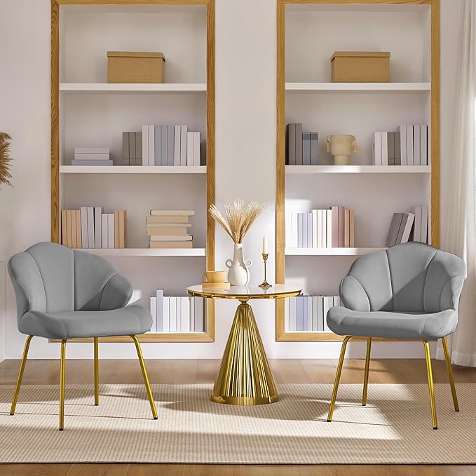 Yaheetech Vanity Chair, Velvet Accent Chair with Shell-Shaped Backrest, Modern Armchair with Gold Metal Legs for Dressing Room/Bedroom/Living Room, Light Gray