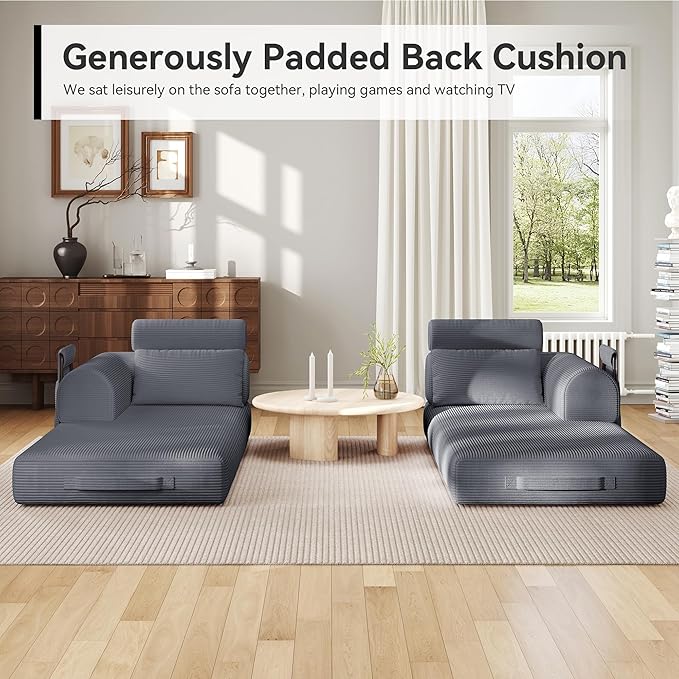 ZQRhome 2026 Upgrade Convertible Sofa Bed, 79 Inch Boneless Couch with Fixed-Shape Frame, Corduroy Fabric with High Backrest, Floor Sofa Modular Futon Couch for Living Room Bedroom Lounge (Dark Grey) | High Backrest, No Assembly, Convertible Sofa, Spac...