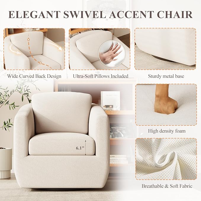 MALOL 360° Swivel Accent Chair Set of 2 with Pillow - Comfy Living Room Armchair No-Sag Foam & Sturdy Metal Base, Fully Assembled Swivel Accent Single Sofa for Bedroom Living Room, Office, Beige