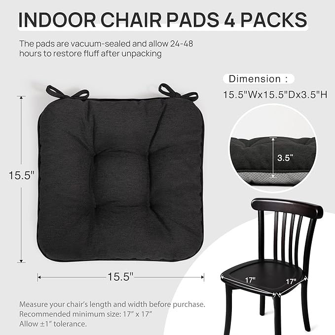 Love's cabin Memory Foam Chair Cushions Set of 4, Outdoor/Indoor Chair Pads for Dining Chairs 4 Pack, Seat Cushions for Kitchen, Dining Room, Office, Patio Chairs, 15.5"x15.5"x3.5" Black