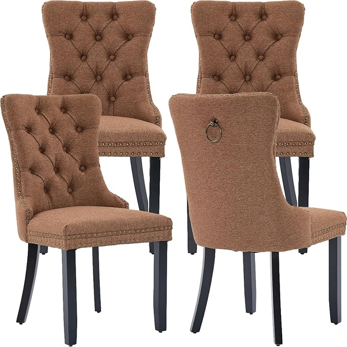 YeahFurn Espresso Brown Mid Century Modern Dining Chairs Set of 4, Linen Upholstered Kitchen & Dining Room Chairs with Nailhead Trim & Solid Wood Legs, Elegant Sillas De Comedor (Coffee, 4 Pcs)