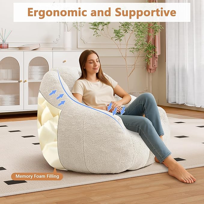 Setawix Bean Bag Chair with Filler, Comfy Teddy Bean Bag Chairs for Adults and Kids, Cozy BeanBag Sofa Fully Floor Couch with Memory Foam for Living Room Bedroom,White