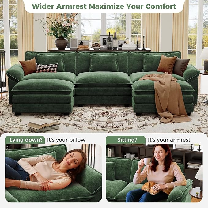 CDCASA 120" Oversized Modular Sectional Sofa, Comfy U-Shaped Cloud Couch w/ 2 Movable Ottoman, 5-Seater Chenille Deep Seat Modern Sofa Couch for Living Room, DIY Combination,Green