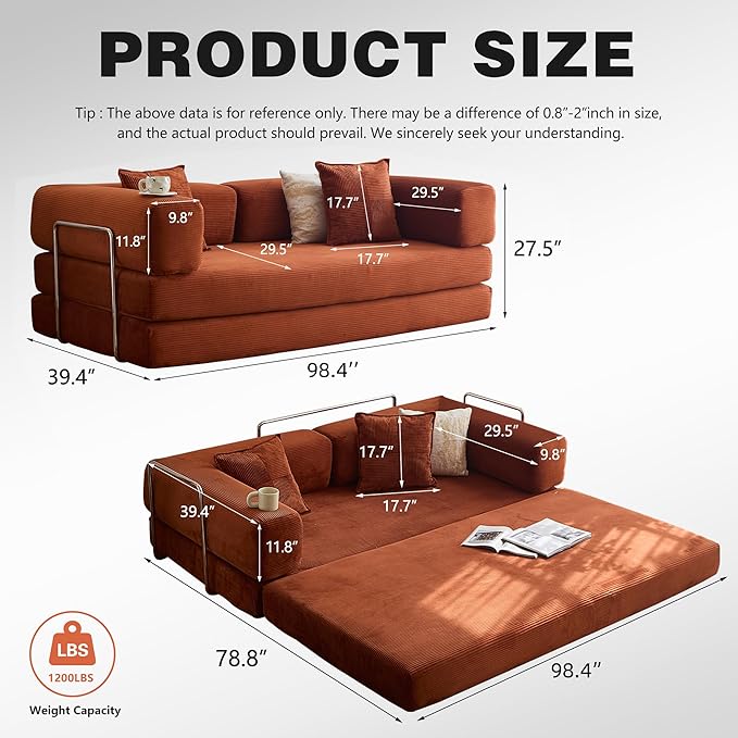 LIAROO 98.4" Convertible Sofa Bed - Compression Sofa with Corduroy Fabric - with Armrests and Backrest - Modular Sectional for Living Room, Bedroom, Studio - Compression Sofa in Box (Orange)