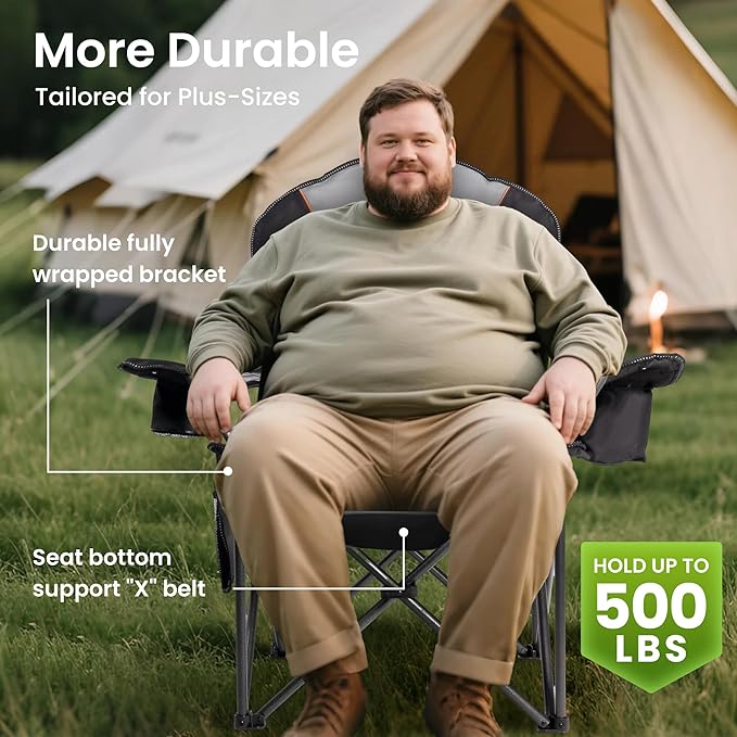 Oversized Camping Chair Heavy Duty- Portable Folding Chair, Cup Holder & Waterproof Phone Case for Adults, Beach, Hiking, Backyard (Black & Light Gray, 1 PCS)