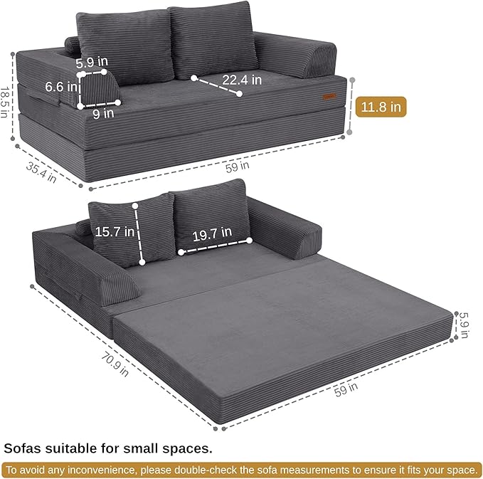 COMAX Convertible Sofa Bed, Folding Floor Couch Corduroy Fold Out Couch Bed Futon Sleeper Mattress with Pillows, Boneless Sofa Comfy Lounge Loveseat for Living Room Bedroom, Grey