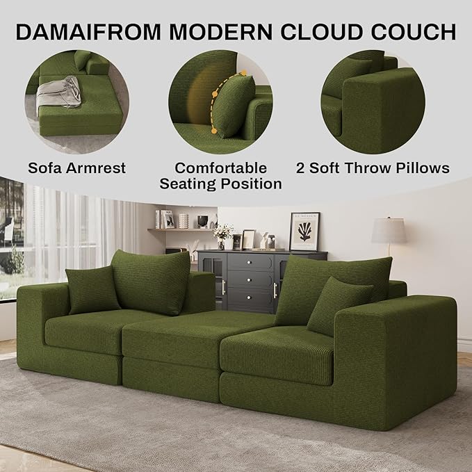 DAMAIFROM 80" Convertible Sleeper Sofa Bed with Soft Pillow, Corduroy Folding Mattress Couch with L-Shape Chaise, Modular Floor Sofa Lounge Couch for Living Room Bedroom Lounge (Olive Green)