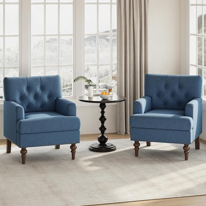 Upholstered Accent Chair with Thick Cushion, High Back Reading Chair, Linen Blend Armchair with Solid Rubberwood Legs for Living Room, Bedroom, Reading, Apartment & Small Spaces,Blue,Set of 2