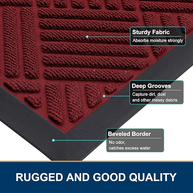 Smiry Front Door Mat Outside Entrance, Heavy Duty Outdoor Indoor Mat, Natural Rubber Doormat, Non Slip, Trap Dirt and Moisture, Easy Clean, Low Profile Patio Porch Entryway Mat, 59x35, Wine Red