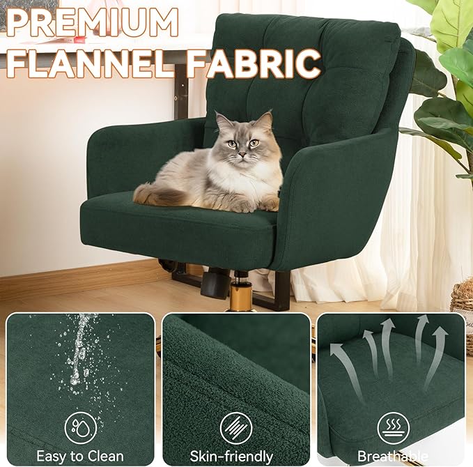 BALIAA Flannel Office Chair, Comfy Home Office Desk Chairs with Lumbar Support, Modern Velvet Desk Chair Gold Legs Small Swivel Task Chair for Home Office, Bedroom, Study (Green, L)