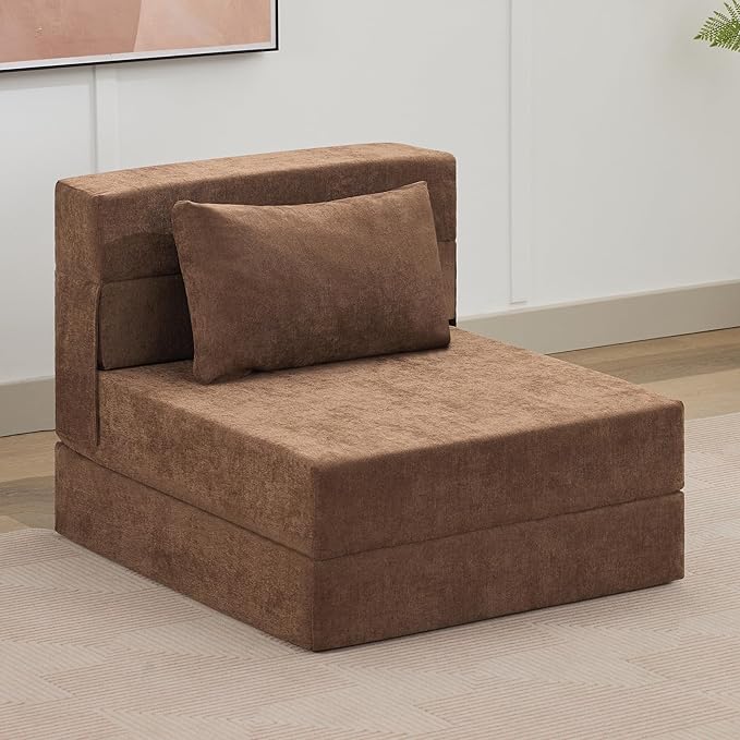 Folding Sofa Bed Convertible Floor Couch Foldable Chair Bed with Pillow，Linen Sleeper Chair Futon,Foldable Memory Foam Mattress for Bedroom/Living Room/Dorm/Office (Brown, Single)