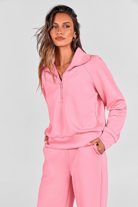 PRETTYGARDEN Women's 2 Piece Outfits Casual Lapel Half Zip Sweatshirts and Wide Leg Pants Tracksuit Sets