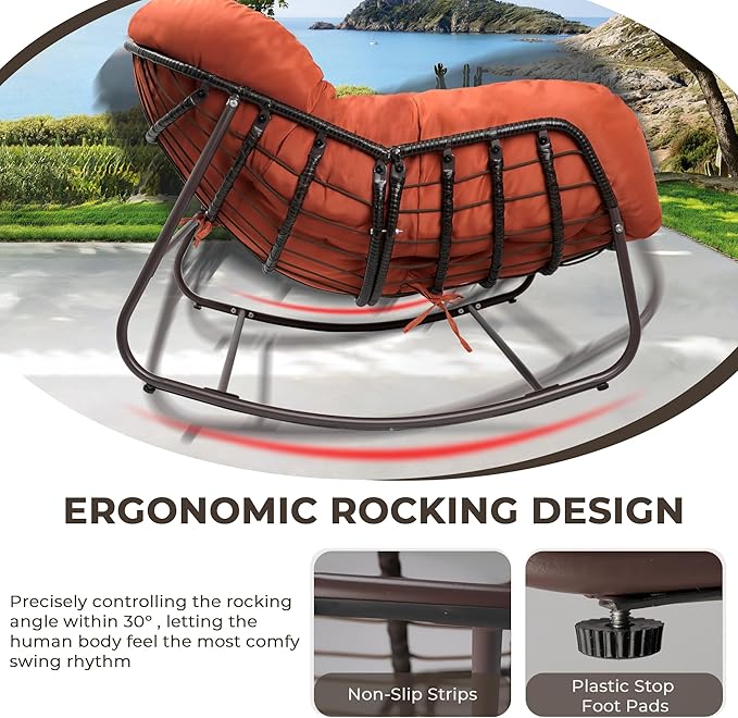 Sgentle Papasan Rocking Chair Outdoor, Oversized Patio Rocking Chair with Cushions & Steel Frame, Wicker Egg Lounge Chair Indoor, Comfy Reading Chair for Patio, Deck, Porch (Red, Style 1)