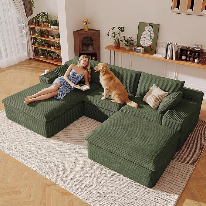 107" Cloud Sectional Couch with U-Shaped Chaise,Corduroy Viral Boneless Sofa with Ottoman,Memory Foam Couches in a Box with Deep Seat for Living Room,No Assembly Required (Green,Left-Facing Chaise)