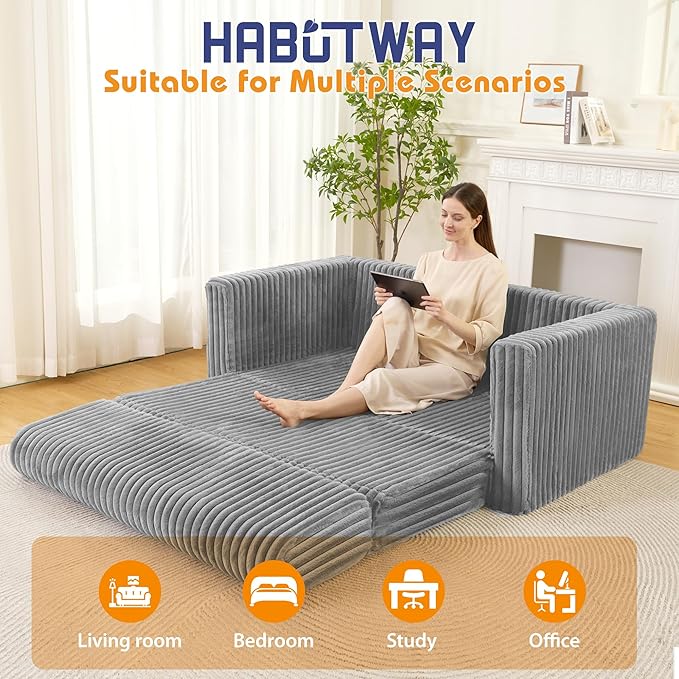 HABUTWAY Folding Sofa Bed, 2 in 1 Convertible Sleeper Chair with Armrest, Portable Fold Out Chair Bed, Comfy Floor Couch, Lazy Sofa for Living Room Bedroom Dorm Home Office, Light Grey