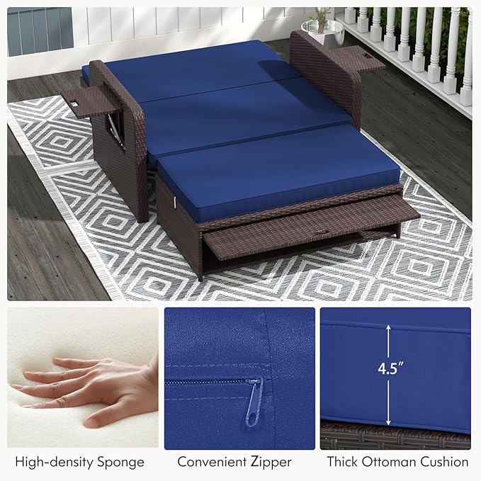 RELAX4LIFE Wicker Patio Outdoor Daybed - Rattan Day Bed Lounger with Loveseat & Storage Ottoman, Sunbed Sofa Set w/Cushions, 4-Level Adjustable Backrest & 2 Retractable Trays, Patio Daybed (Navy)