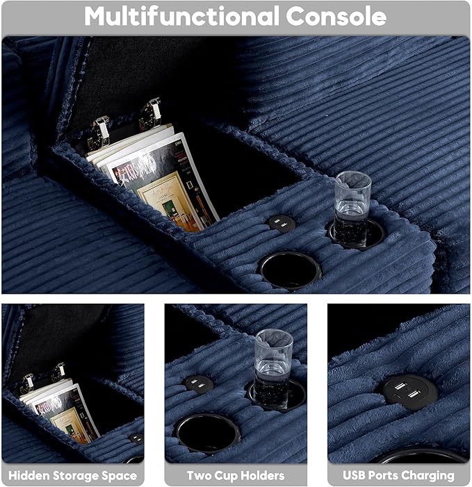 125” Oversized Modular Sectional Sofa, Deep Seat Corduroy Cloud Couch with Cup Holders, USB Ports & Storage Box, Sleeper Sofa Couch Boneless Couches for Living Room, No Assembly Required (Blue)
