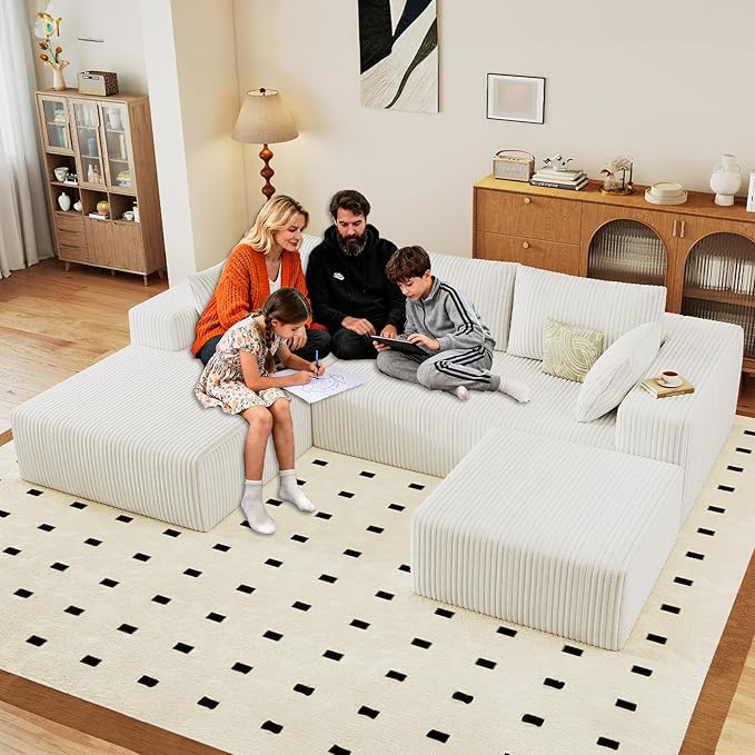 96" W Cloud Sectional Couch with Ottoman,Modern U-Shaped Cloud Couch with Deep Seat,Comfy Corduroy 3-Seater Sofa,Memory Foam Sofa for Living Room,No Assembly (White,Left-Facing Chaise)