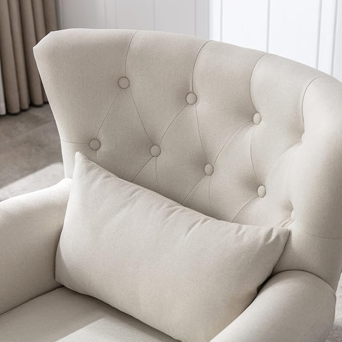 Janoray Mid Century Modern Accent Chair Upholstered Armchair Comfy Linen Fabric Tufted Wingback Single Sofa with Ottoman for Bedroom Living Room, Beige